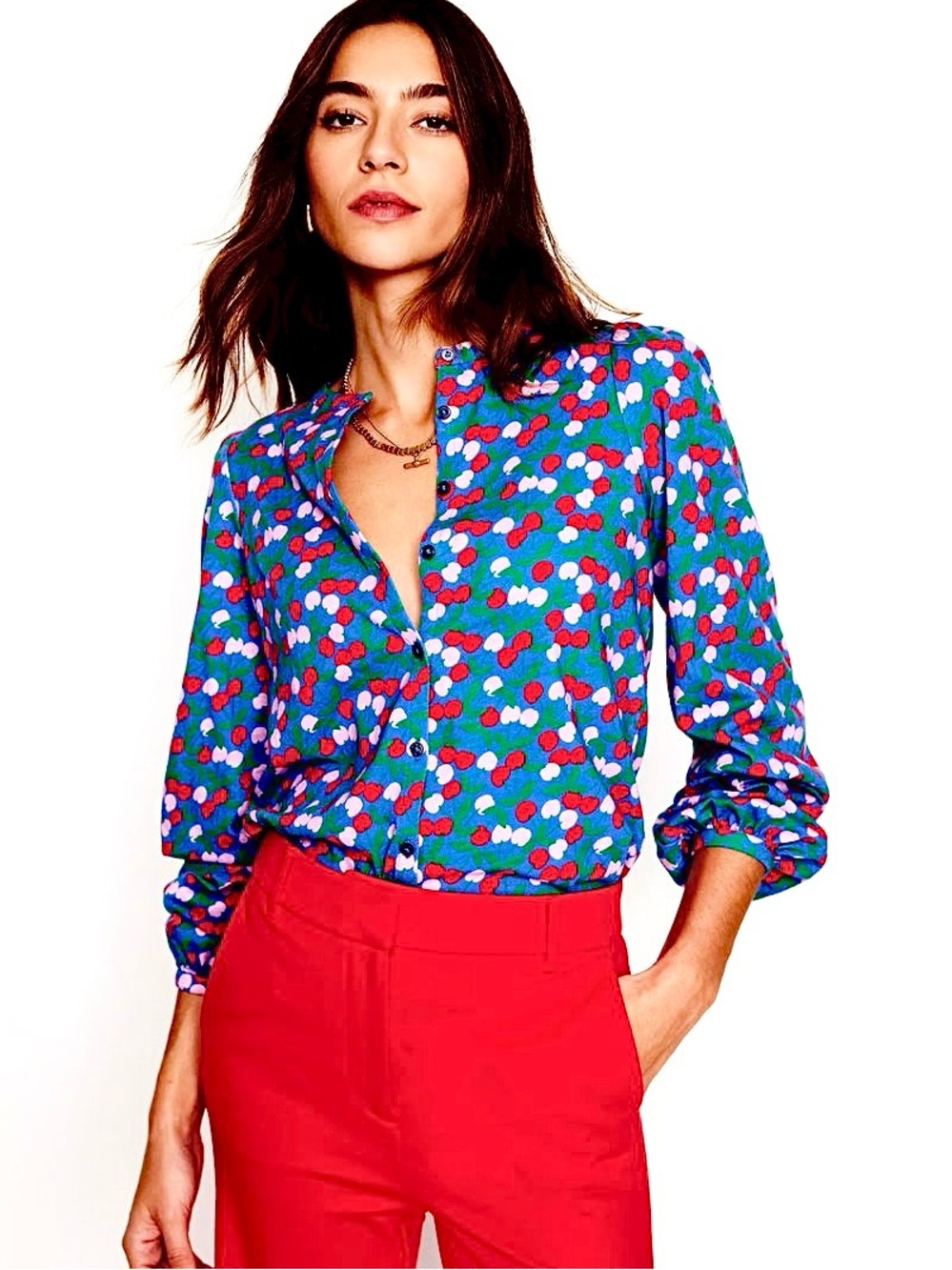 Boden The Marina Jersey Cherry Print Shirt Button-Up Womens Sz 4 Long Sleeves